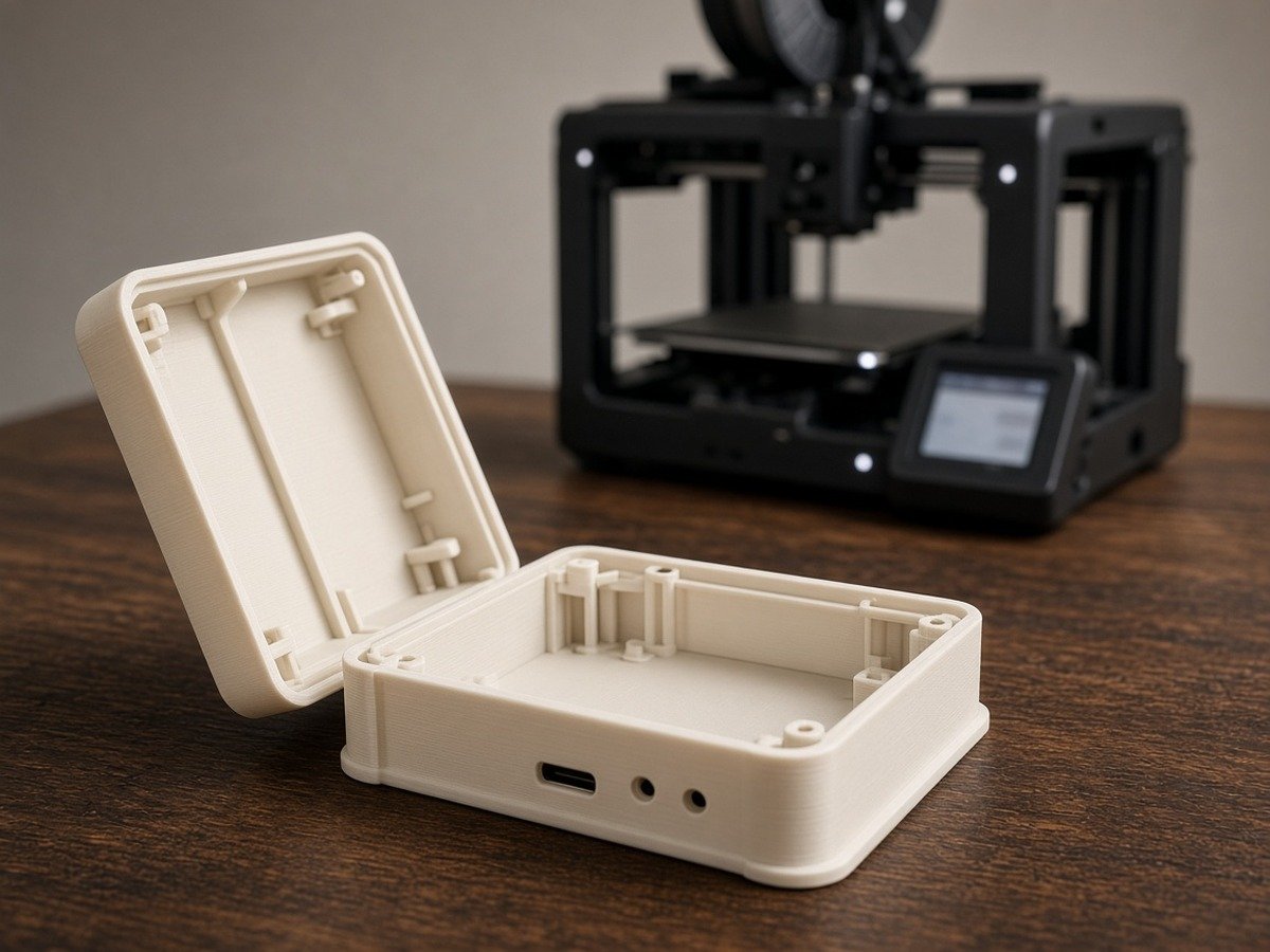 Cream PLA two-part handheld enclosure prototype on a wooden desk with a Creality printer softly out of focus behind it