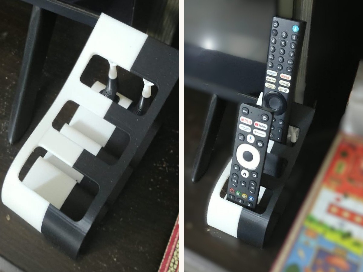 Two-shot collage of a two-tone white and black 3D printed PLA remote stand: empty 4-slot stand on the left, same stand holding two TV remotes on the right